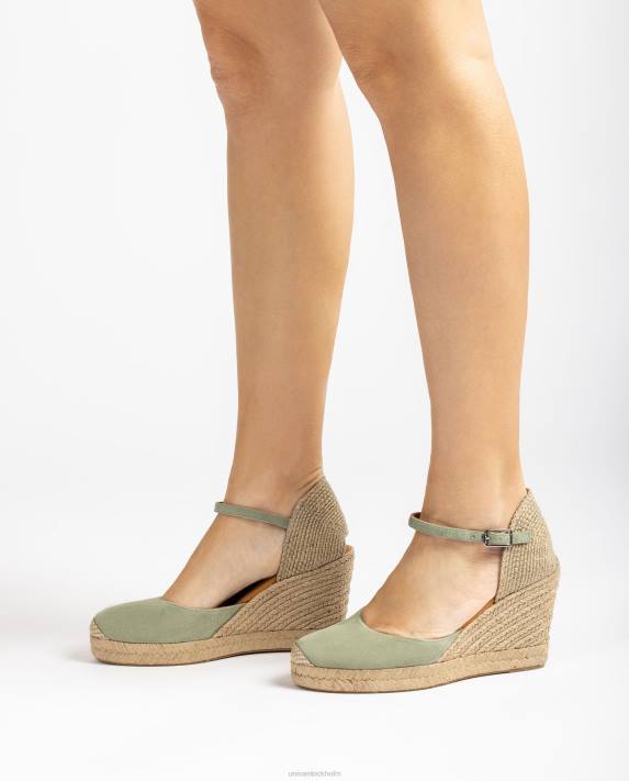 Unisa kvinnor grön espadrille i mocka med raffiaklack 06DT484