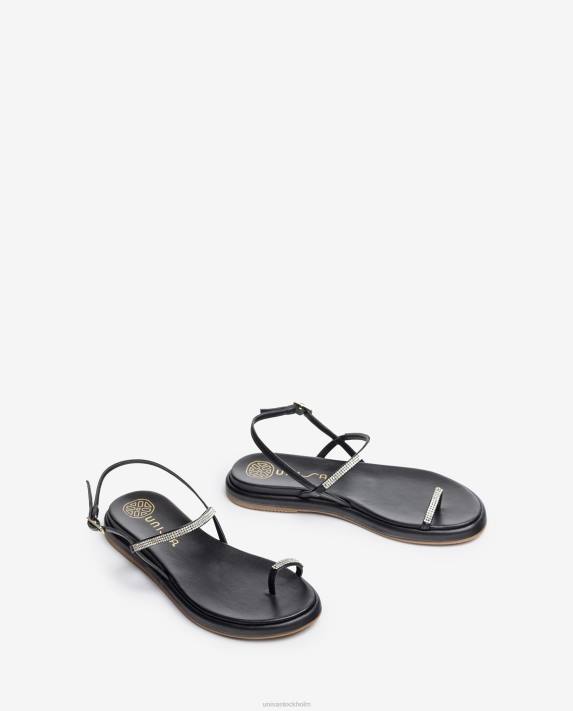 Unisa kvinnor svart platt läder sandal med tåstolpar 06DT1312