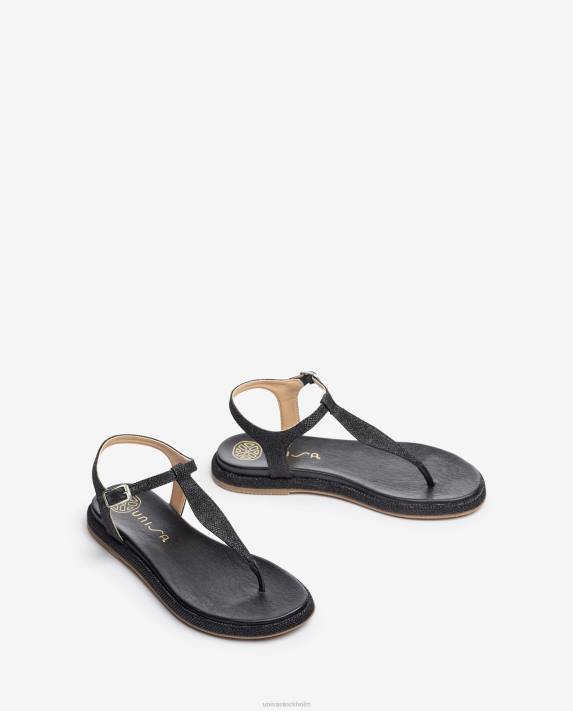 Unisa kvinnor svart tåstolpssandal i glänsande tyg 06DT26