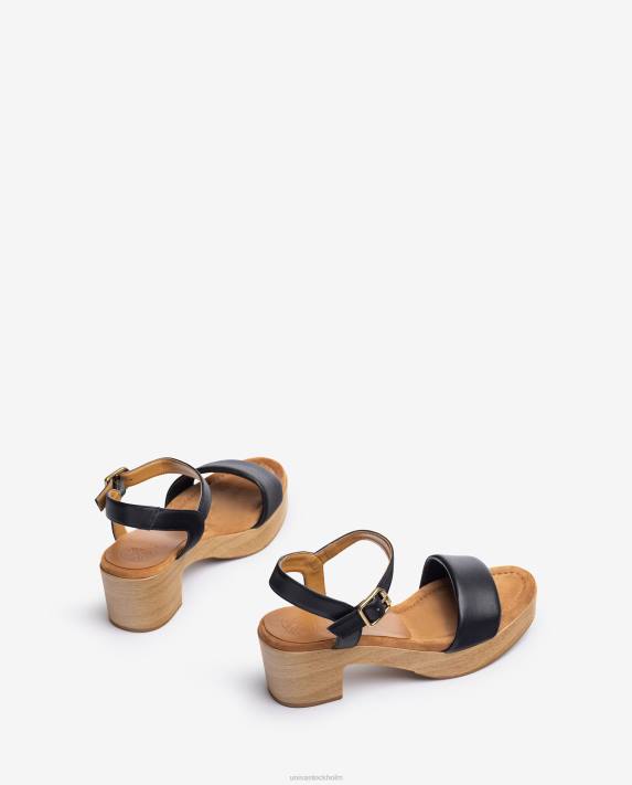 Unisa kvinnor svart lädersandal med träeffektblock 06DT317