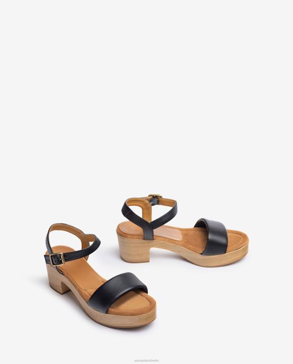 Unisa kvinnor svart lädersandal med träeffektblock 06DT317