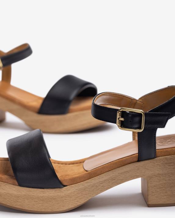 Unisa kvinnor svart lädersandal med träeffektblock 06DT317