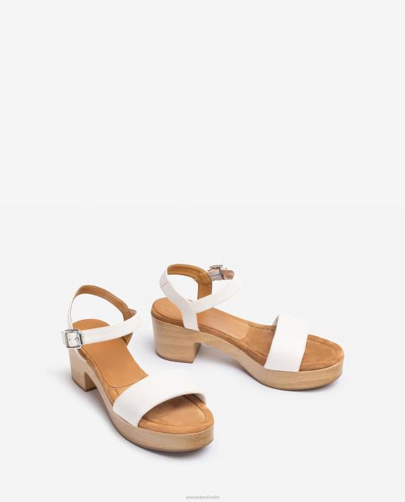 Unisa kvinnor vit lädersandal med träeffektblock 06DT318