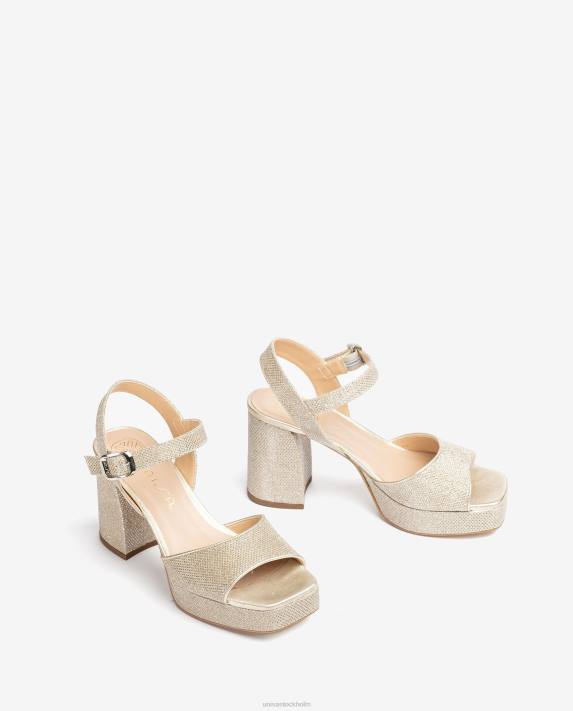 Unisa kvinnor guld sandal i glänsande tyg med bred klack 06DT223