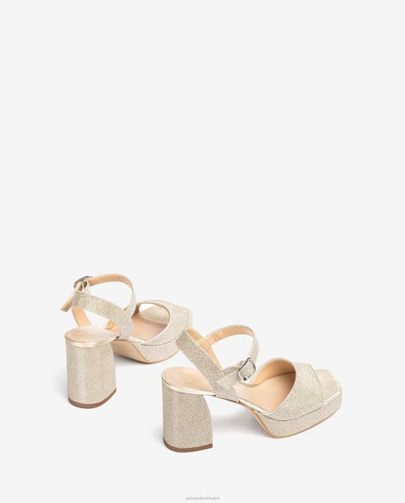 Unisa kvinnor guld sandal i glänsande tyg med bred klack 06DT223
