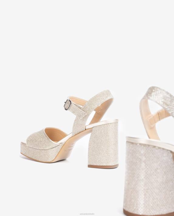 Unisa kvinnor guld sandal i glänsande tyg med bred klack 06DT223