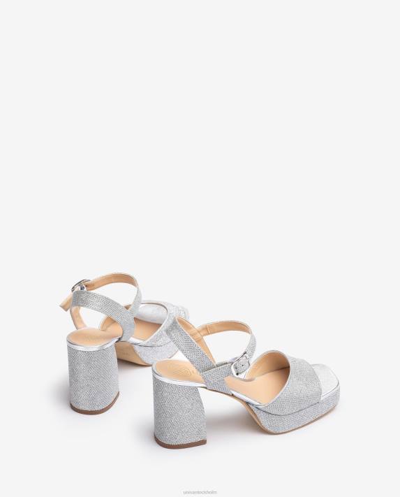 Unisa kvinnor silver sandal i glänsande tyg med bred klack 06DT224