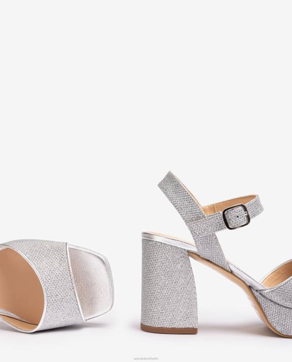 Unisa kvinnor silver sandal i glänsande tyg med bred klack 06DT224
