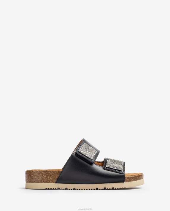 Unisa kvinnor svart platt sandal med dubbel rem 06DT94