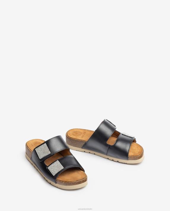 Unisa kvinnor svart platt sandal med dubbel rem 06DT94