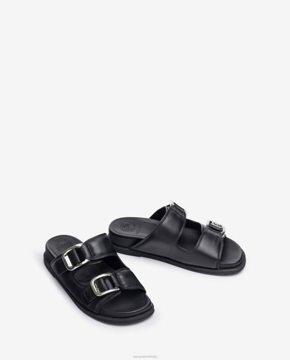 Unisa kvinnor svart platt sandal med dubbelt spänne 06DT319