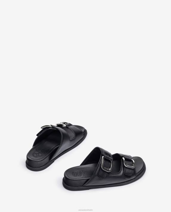 Unisa kvinnor svart platt sandal med dubbelt spänne 06DT319