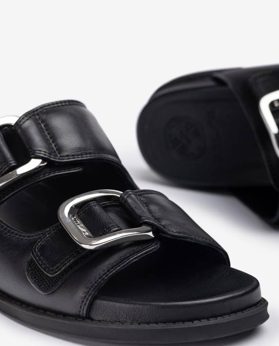 Unisa kvinnor svart platt sandal med dubbelt spänne 06DT319